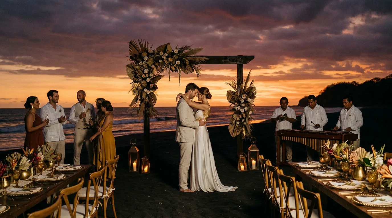 boda de destino en una playa de El Salvador al atardecer