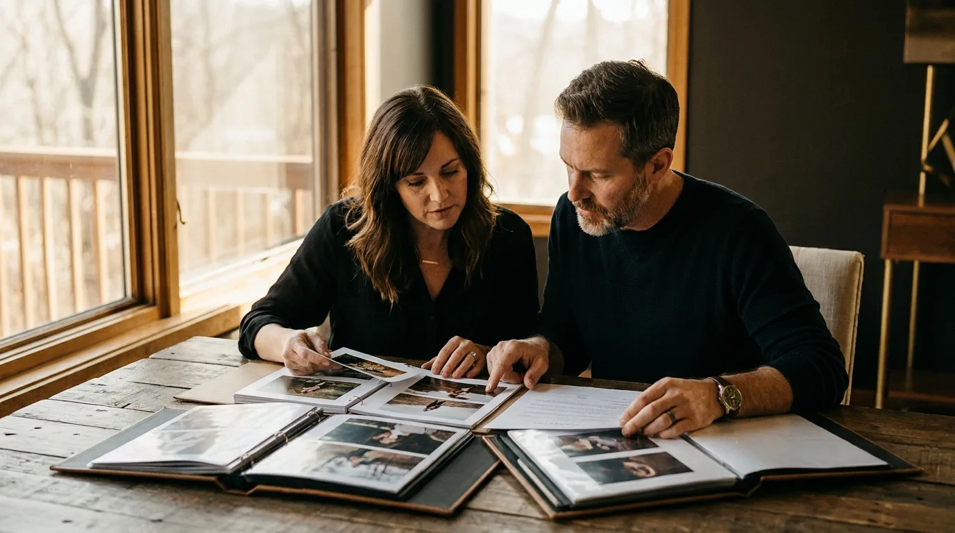 Pareja evaluando opciones de fotógrafo
