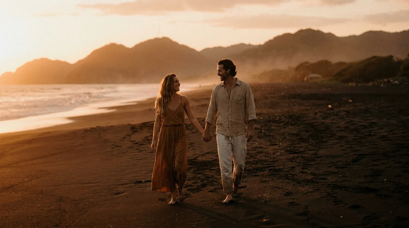 sesión de pareja preboda en la playa al atardecer en El Salvador