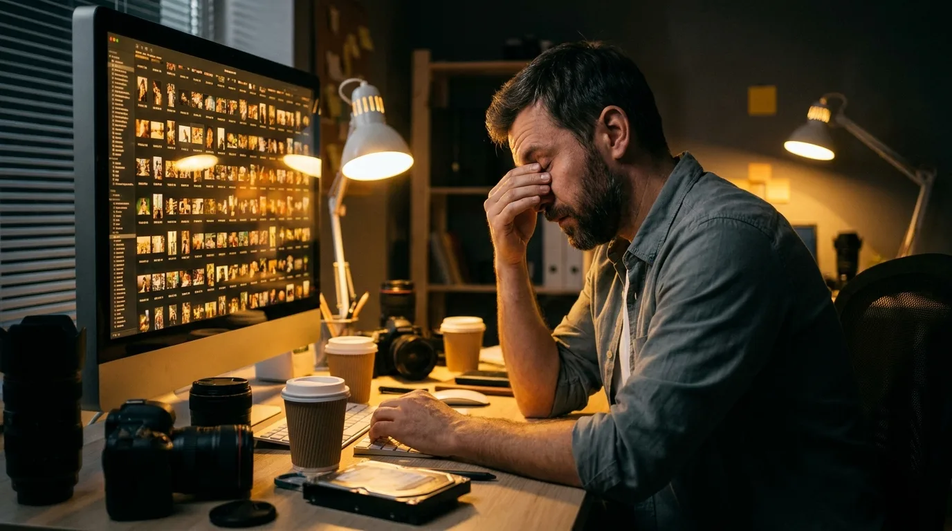 photographer culling thousands of wedding photos