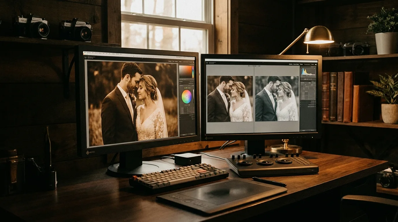 Proceso de edición y color grading de fotos de boda