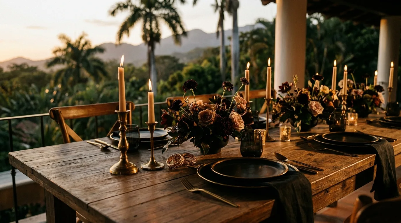 precio de fotógrafo de bodas en El Salvador — mesa de boda elegante al atardecer